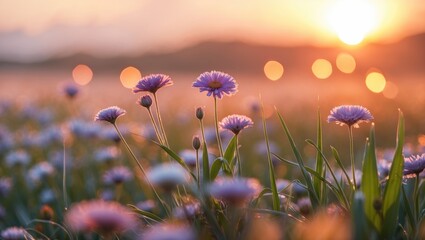 Wall Mural - flower field during sunset with purple daisies and bokeh light effects in the background creating a 