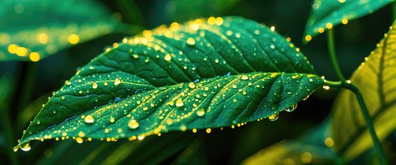 Poster - Close-up of a vibrant green leaf glistening with dew drops against a soft blurred background showcasing nature's detailed textures.