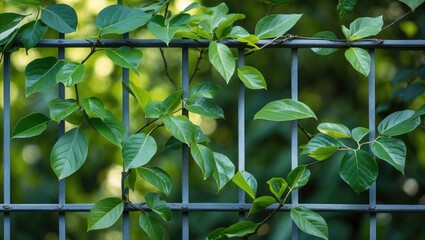 Poster - Vibrant green leaves cascading over a metal fence with a blurred natural background, symbolizing tranquility and greenery in urban spaces.