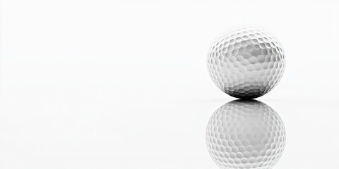 Poster - golf ball with textured dimples resting on reflective surface, positioned right against white backgr