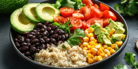 Poster - Vibrant black bean salad with avocado, corn, tomatoes, and quinoa in a round black bowl, garnished with cilantro on a dark background.