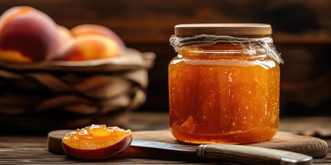 Aufkleber - Peach marmalade jar with wooden lid placed beside a stainless steel spreading knife on wooden table with blurred peach background in warm tones