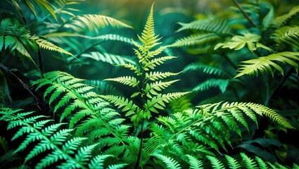 Poster - Lush green fern plants thriving in a vibrant natural setting with intricate leaf patterns and colorful textures.