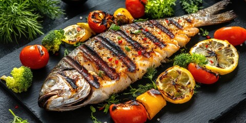 Poster - Grilled whole fish served on a black stone platter with vibrant roasted tomatoes, lemon slices, and fresh broccoli creating a colorful dish.