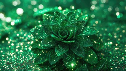 Poster - Sparkling green succulent surrounded by glittering green textures creating a vibrant and enchanting visual atmosphere