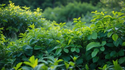 Poster - Lush green foliage in a serene natural environment showcasing vibrant plant life and rich textures under soft daylight.