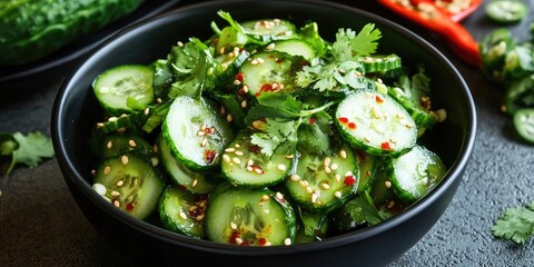 Aufkleber - Fresh cucumber salad with sliced cucumbers topped with sesame seeds and cilantro in a black bowl on a dark stone background with red chilies.