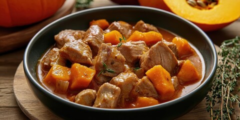 Aufkleber - Delicious hearty pork and pumpkin stew served in a dark bowl on a wooden table with fresh thyme and a halved pumpkin in the background.