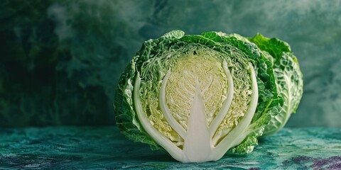 Aufkleber - Fresh young cabbage half with vibrant green leaves and intricate internal structure, elegantly positioned on a textured teal ceramic surface.