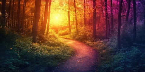 Fototapete - Tranquil footpath winding through a vibrant forest at sunset featuring warm orange, purple, and green hues with soft light filtering through trees