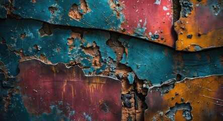 Poster - Distressed grunge metal surface texture background featuring colorful peeling paint and scratches showcasing aging and wear details.
