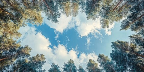 Fototapete - Upward view of lush green pine treetops surrounded by fluffy white clouds against a bright blue sky creating a serene natural frame.
