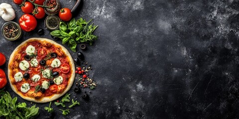 Poster - Delicious Italian pizza on a dark stone countertop with fresh tomatoes, olives, basil, and spices arranged around it, vibrant colors and textures.