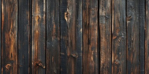 Aufkleber - Rustic texture of weathered wooden planks featuring dark browns and blacks arranged vertically with natural knots and grain patterns visible.