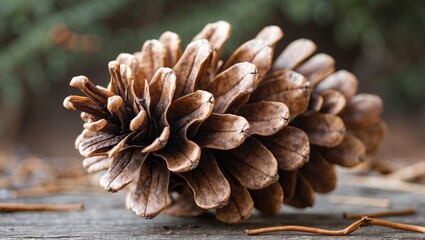 Poster - Giant sugar pine cone resting on a wooden surface showcasing intricate details of its scales against a blurred natural background.