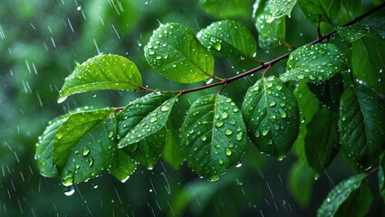 Poster - Lush green leaves glistening with raindrops under soft rainfall creating a fresh and vibrant natural atmosphere.