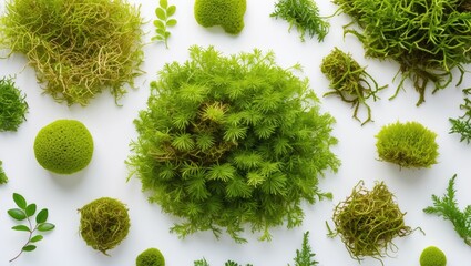 Poster - Variety of vibrant green moss textures isolated on white background for nature and botanical themed designs and illustrations