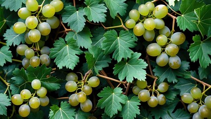 Poster - Green leaves and clusters of green grapes showcasing nature's beauty and vibrant growth in a lush garden setting
