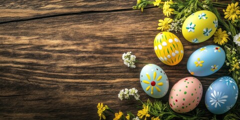 Aufkleber - Colorful decorated Easter eggs in pastel shades on a rustic wooden background adorned with yellow flowers and greenery capturing a festive spring vibe.