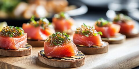 Poster - Gourmet salmon bites on wooden board with golden caviar and green garnish elegantly arranged in a row against a blurred background.