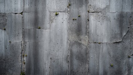 Poster - Weathered grey concrete wall texture with cracks and small greenery for use as background in design or architectural projects.