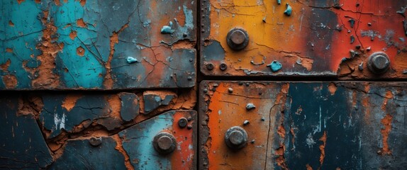 Poster - Rusty and weathered metal texture featuring colorful paint, scratches, and cracks ideal for backgrounds or graphic design projects.