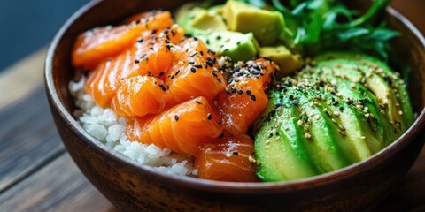 Poster - Fresh salmon fillets and creamy avocado arranged artfully in a wooden bowl over fluffy rice garnished with sesame seeds and greens.