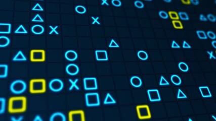 Poster - Blue glowing shapes matrix on a grid. Bokeh effect, horizontal composition. Technology motion graphic.