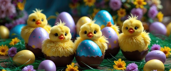 Poster - Colorful chocolate Easter eggs with fluffy chick decorations nestled in spring flowers and grass celebrating the Easter holiday.
