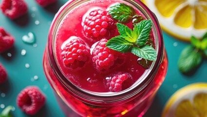 Aufkleber - Vibrant Jar of Raspberry Lemonade Garnished with Fresh Mint and Citrus Slices on a Colorful Background