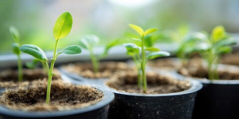 Aufkleber - Young green seedlings growing in black pots with rich brown soil, positioned in a bright window, showcasing vibrant shades of green.