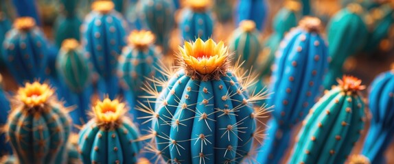 Poster - Vibrant close-up of a single blue cactus with bright yellow flowers among a colorful desert landscape featuring multiple cacti.