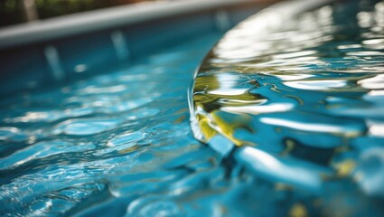 Wall Mural - Closeup of tranquil pool water surface reflecting light and surrounding greenery creating a serene summer atmosphere.