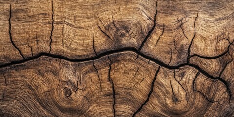 Wall Mural - Close-up texture of aged oak wood with deep cracks and rich brown hues highlighting the natural grain patterns, center-focused for detail.