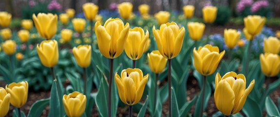 Poster - Vibrant Yellow Tulips Blooming in a Colorful Garden Creating a Lush Spring Atmosphere with Rich Green Foliage and Soft Floral Background
