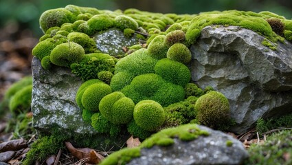 Poster - Lush green moss covering a textured stone surface in a natural woodland setting creating a serene and tranquil atmosphere.