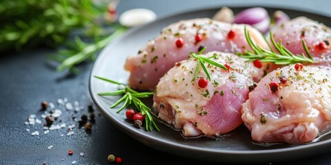 Aufkleber - Fresh raw chicken thighs arranged on a dark plate, garnished with rosemary and pink peppercorns, surrounded by herbs and spices for cooking.