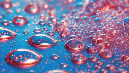 Poster - glycerin droplets with bubbles in clear texture on a vibrant blue background showcasing liquid dynam