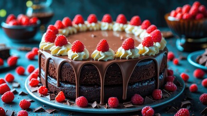 Poster - Decadent chocolate cake elegantly adorned with fresh raspberries and whipped cream on a vibrant blue background