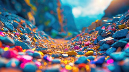 Poster - Colorful gravel path in a rocky landscape with vibrant stones illuminated by sunlight creating a captivating and serene outdoor scene