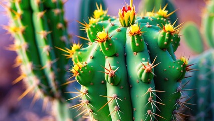Poster - Vibrant Closeup of Green Cactus with Colorful Flowers and Sharp Thorns Against a Soft Background