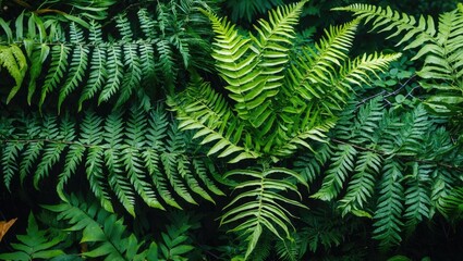 Poster - Lush green fern leaves in a vibrant natural setting showcasing diverse textures and shades of green for a tranquil botanical scene.