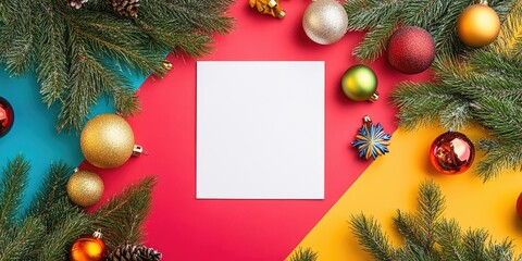 Aufkleber - Colorful festive background with red, teal, and yellow sections featuring Christmas ornaments, pine branches, and a blank white square in the center.