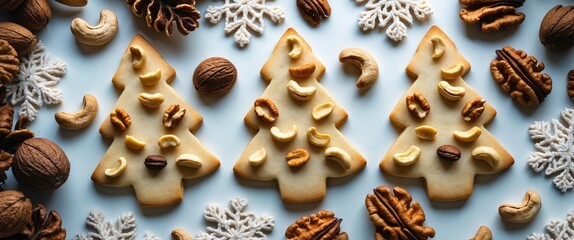 Poster - Christmas tree shaped butter cookies topped with cashew nuts and walnuts surrounded by snowflakes on a festive white background.