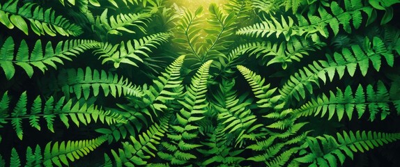 Poster - Lush green ferns with intricate patterns illuminated by soft light in a dense forest setting for nature-themed backgrounds and design.