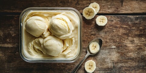 Aufkleber - Homemade banana ice cream in a glass container with scoops and banana slices on a wooden surface natural tones vertical layout space for text