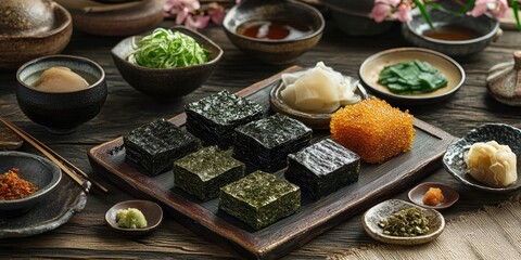 Aufkleber - Traditional Japanese konnyaku dish presented on a wooden table with various side dishes in dark bowls, garnished with green herbs and sauces.