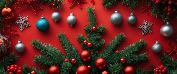 Poster - Festive Christmas composition with fir tree branches and ornaments on vibrant red background featuring space for text.