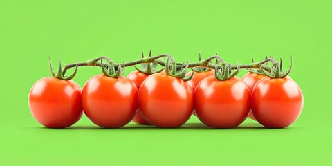 Poster - Fresh red tomatoes on a green background arranged in a line, showcasing their vibrant color and green vine details for a healthy food theme.