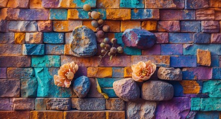 Poster - Colorful textured stone wall with decorative flowers and grapes for vibrant background or design use.